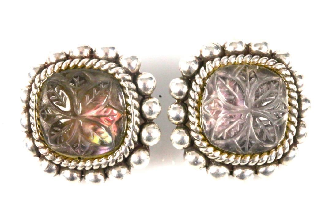 Designer Stephen Dweck Sterling Silver Carved Abalone doublet clip earrings. (1 of 3)
