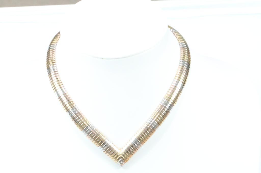 Beautiful Tri color Sterling Silver Cocoon link wide V shape Necklace 37.4 grams (1 of 5)