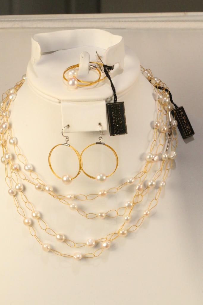 NEW HONORA Sterling Silver Cultured Pearls Lot of 2 matching necklaces and 3 pair matching earrings. (1 of 6)