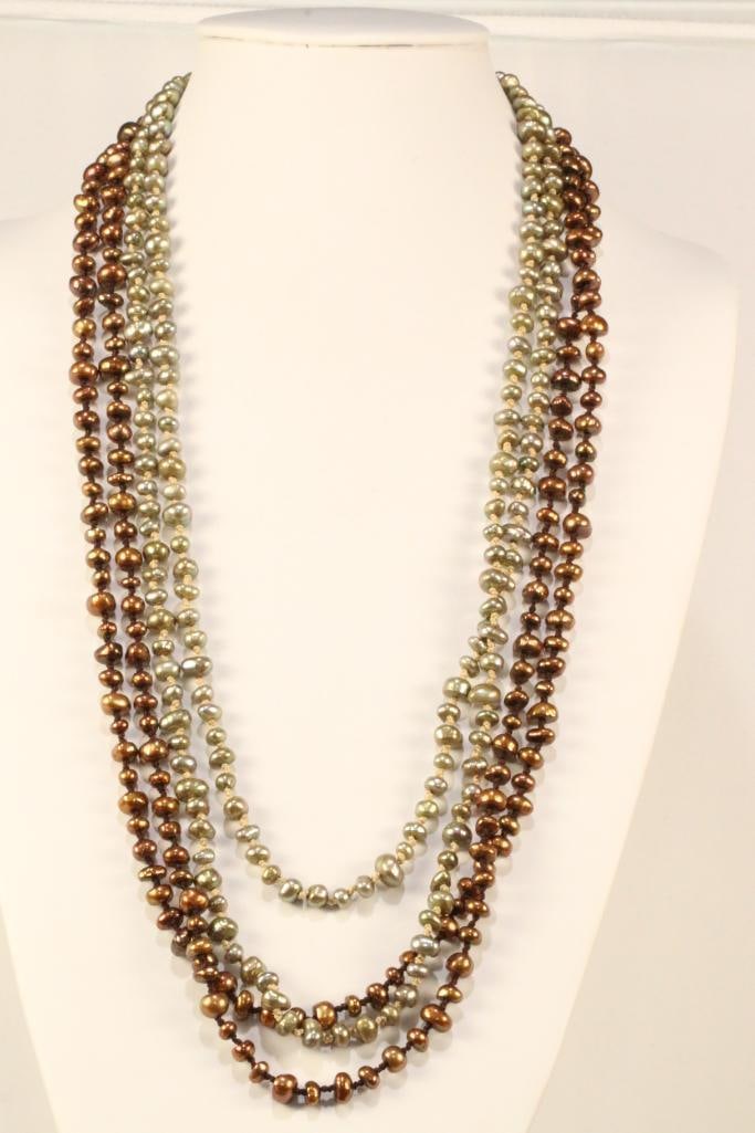 NEW HONORA Sterling Silver Cultured Pearls 2 Opera Length brown green necklaces: New FALL shades of copper brown and lustrous sage greens handknoted opera length natural pearl necklaces. Green mearues 62". Has a sterling silver hallmarked H Honora and 925 clasp. Can be worn in so