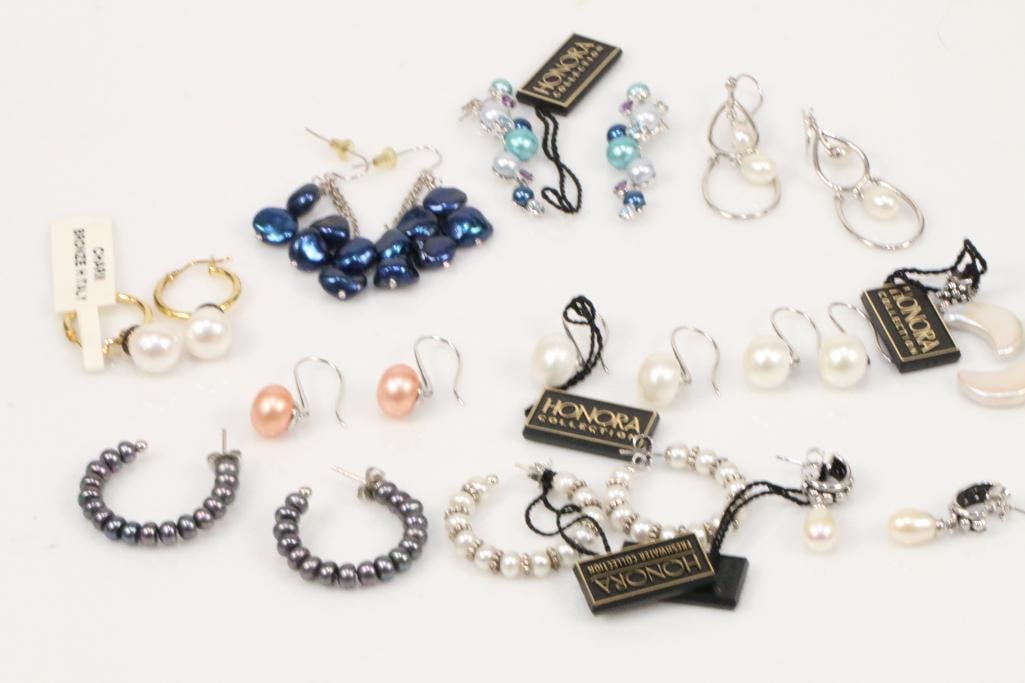 NEW HONORA Sterling Silver Cultured Pearls Lot of 10 pair Sterling silver earrings: Assorted BRAND NEW Keshi pear, rondelles, baroque in gold tone bronze, sterling silver, all pierced earrings. Blue white, natural and peacock shades. PERFECT for gift giving! Sizes range from 1.5" to 