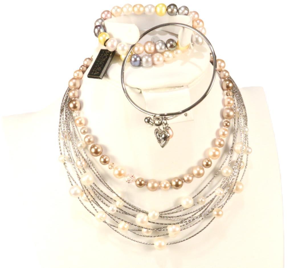 NEW HONORA Sterling Silver Cultured Pearls Alex Lemonade chairy bracelet, necklaces and bracelet lot: Alex lemonade stainless pearl bracelet with Alex heart charm, 2 stretch large pastel yellow peach, pin peacock silver white pearl bracelets stretch 9 strand stainless floating natural baroque pearl ne