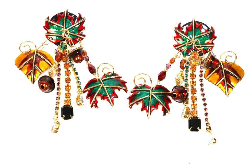 4 LUNCH AT THE RITZ 24 Kt gold plated Fall Leaves Autumn in New York Pierced Earrings (1 of 3)