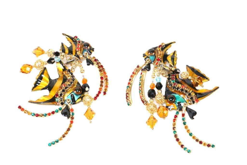 LUNCH AT THE RITZ 24 Kt gold plated Black and Gold Angelfish clip Earrings: MADE IN THE USA. Signed Lunch at the Ritz. Smaller angelfish clip back with alger angelfish with gorgeous jewel tones fins. LOOKS NEW. 2" wide x 4" long