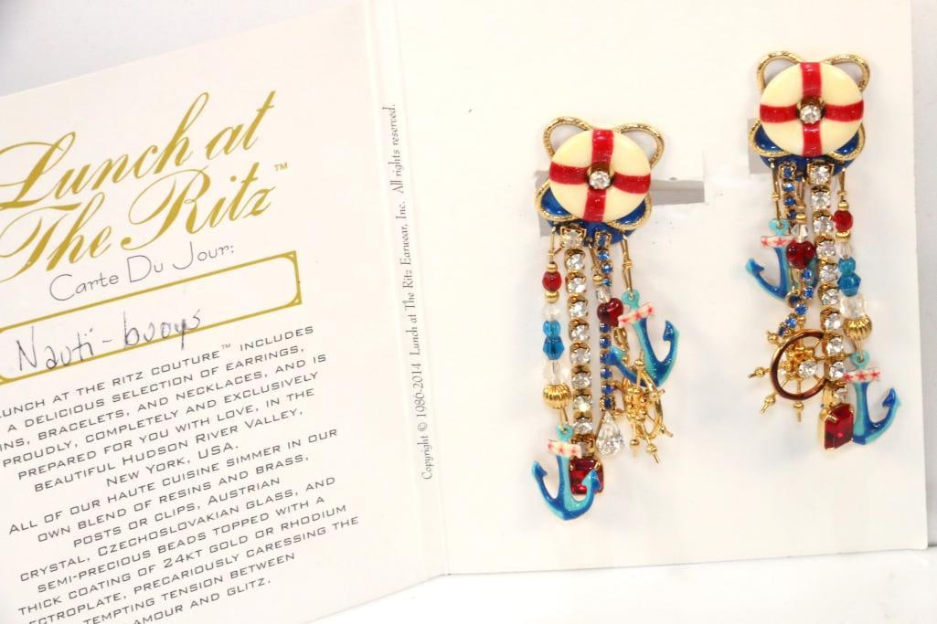LUNCH AT THE RITZ 24 Kt gold plated Nauti-buoys Nautical clip Earrings with card (1 of 6)