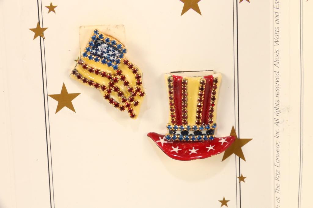 LUNCH AT THE RITZ 24 Kt gold plated APPLE PIE American flag hat patriotic pierced earrings (1 of 4)