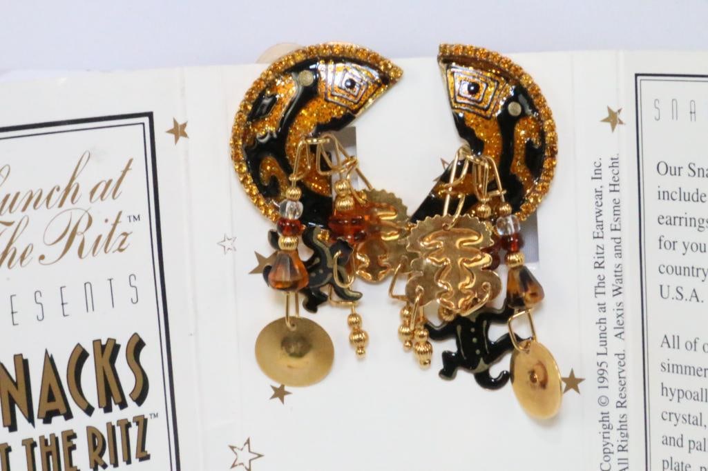 LUNCH AT THE RITZ 24 Kt gold plated PRE-COLUMBIAN BRIE Aztec clip Earrings (1 of 5)