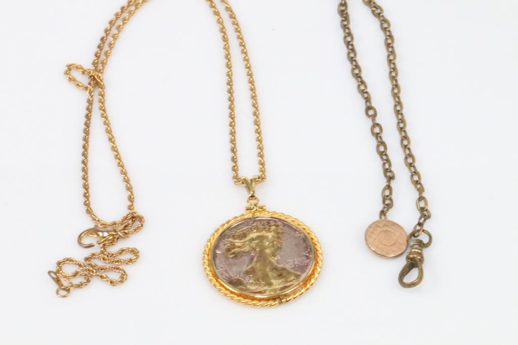 1945 Walking Liberty coin in pendant necklace & pocket watch chain: Walking liberty coin with Gold ono the eagle, liberty and sun design . Rope border and rope chain are goldton. Chain is 24" long.