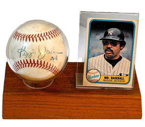 Reggie Jackson New York Yankees Autographed Baseball on Stand dated 8/9/92 with Card - Navy Ink  HOF