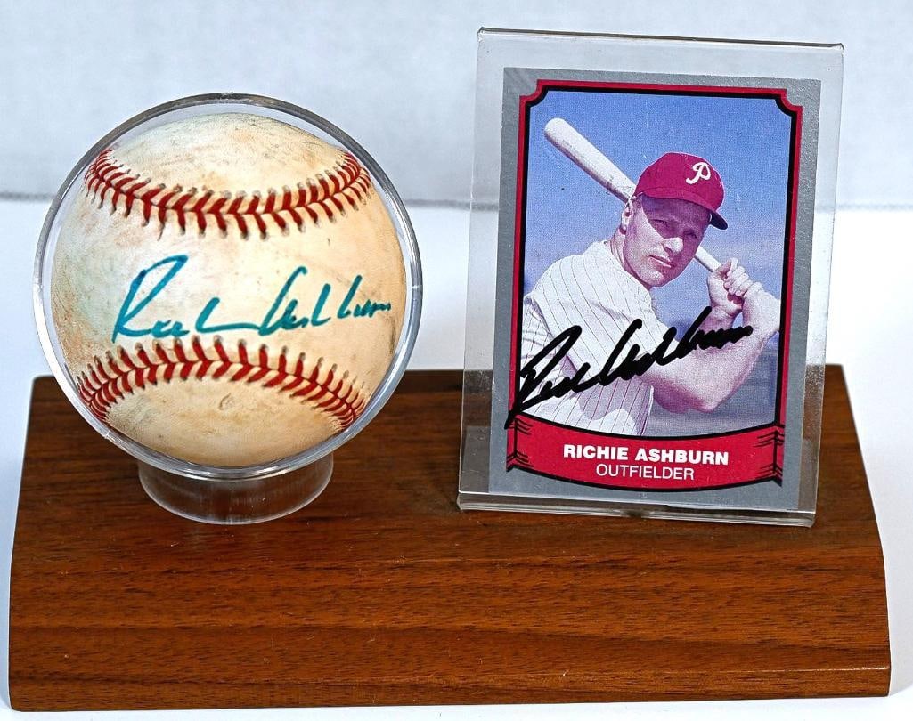 Richie Ashburn Philadelphia Phillies Autographed Baseball on Stand With Card - Teal Blue Ink - HOF (1 of 7)