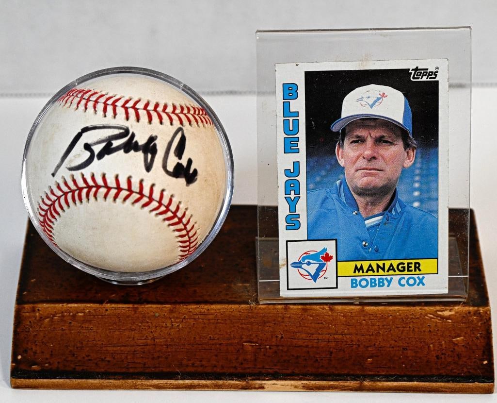 Bobby Cox Toronto Blue Jays Autographed Baseball on Stand with Card - Black Ink - Hall of Fame (1 of 6)