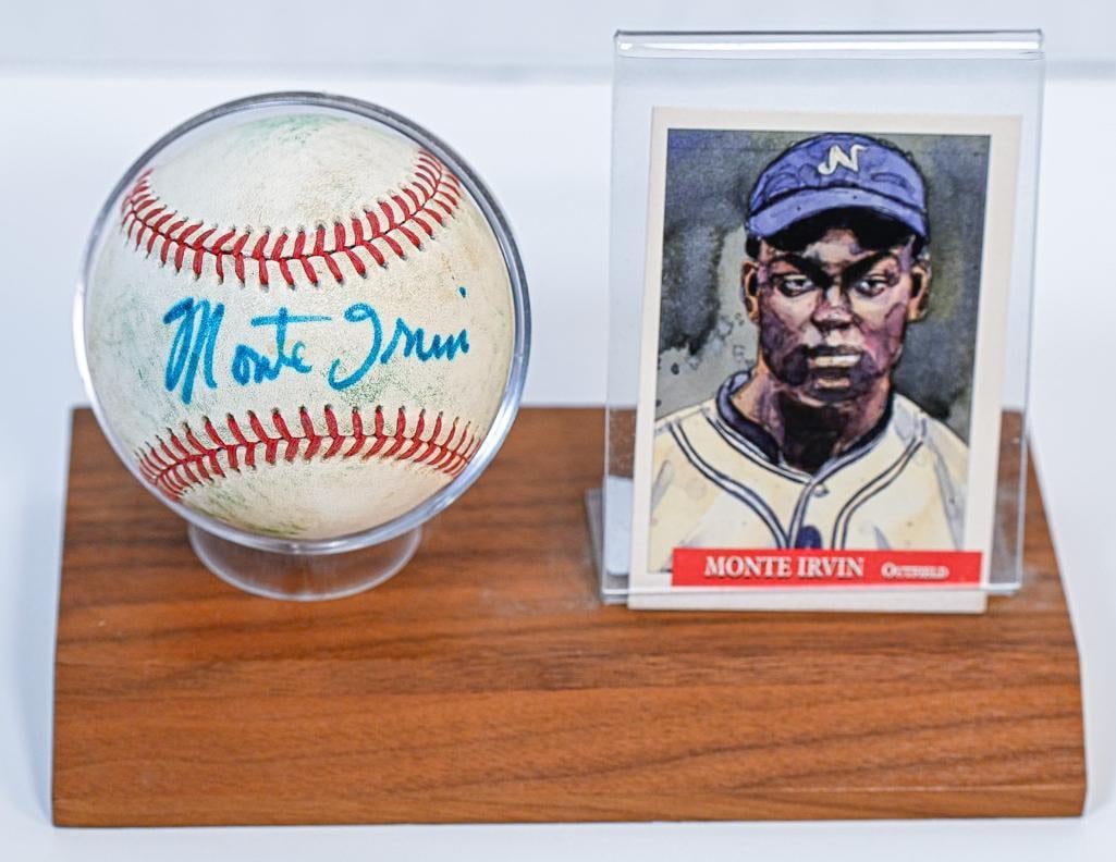 Monte Irvin Newark Eagles (Negro League) Autographed Baseball on Stand with Card Teal Blue Ink HOF (1 of 7)