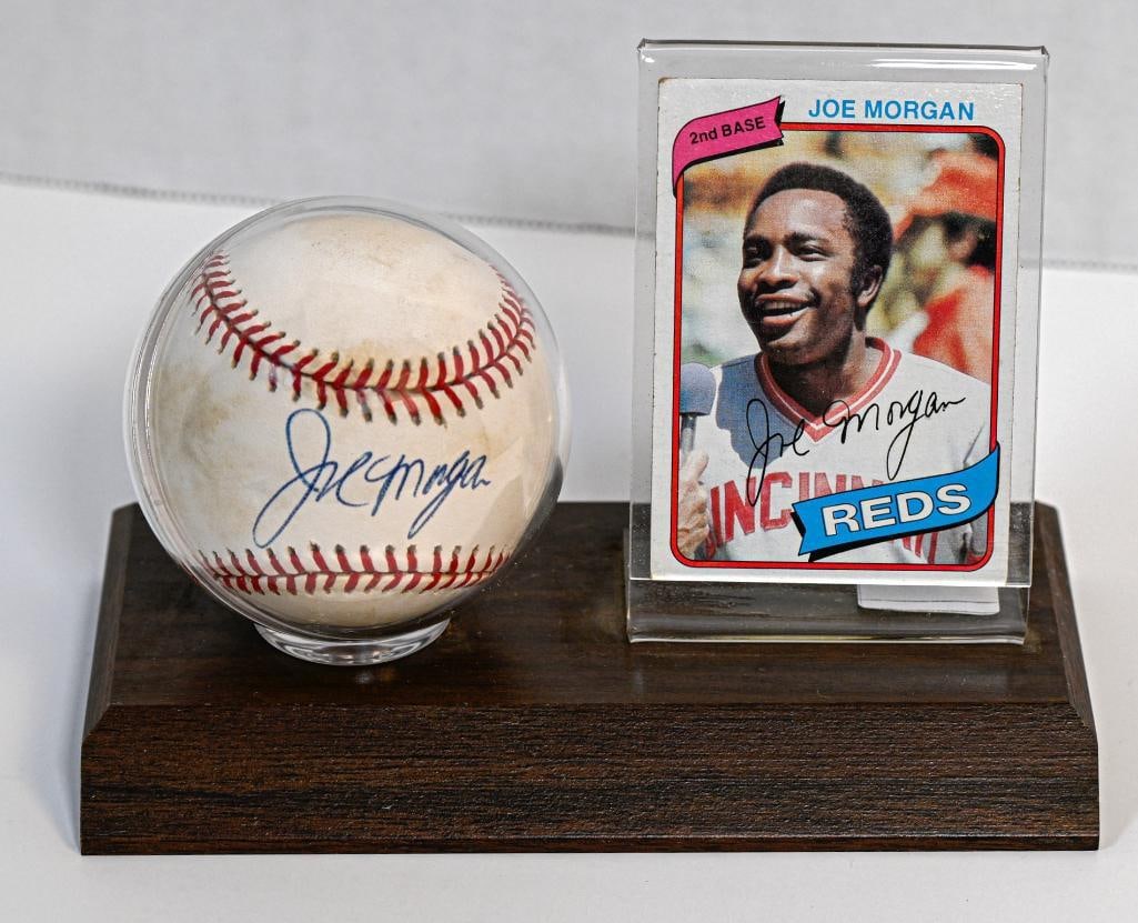 Joe Morgan Cincinnati Reds Autographed Baseball on Stand with Card - Blue Ink - Hall of Fame (1 of 5)