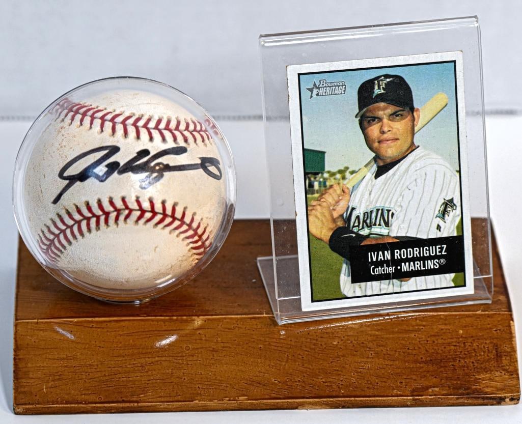 Ivan Rodriguez Florida Marlins Autographed Baseball on Stand with Card - Black Ink - Hall of Fame (1 of 6)