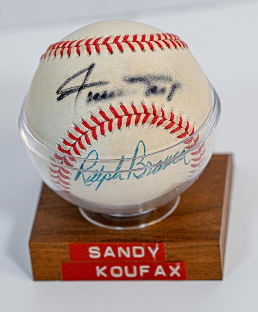 Willie Mays and Ralph Branca Los Angeles Dodgers Autographed Baseball on Stand  - Black Ink  HOF (1 of 5)