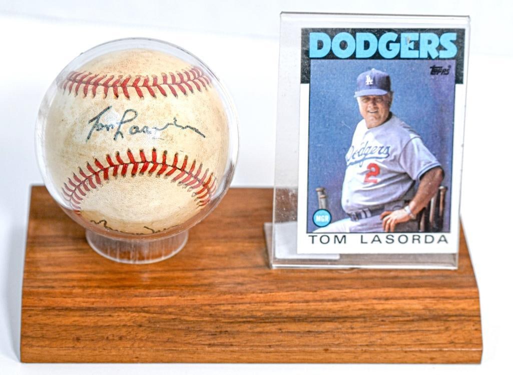 Tom Lasorda Los Angeles Dodgers Autographed Baseball with 2 unknown signatures on Stand with Card -  (1 of 10)