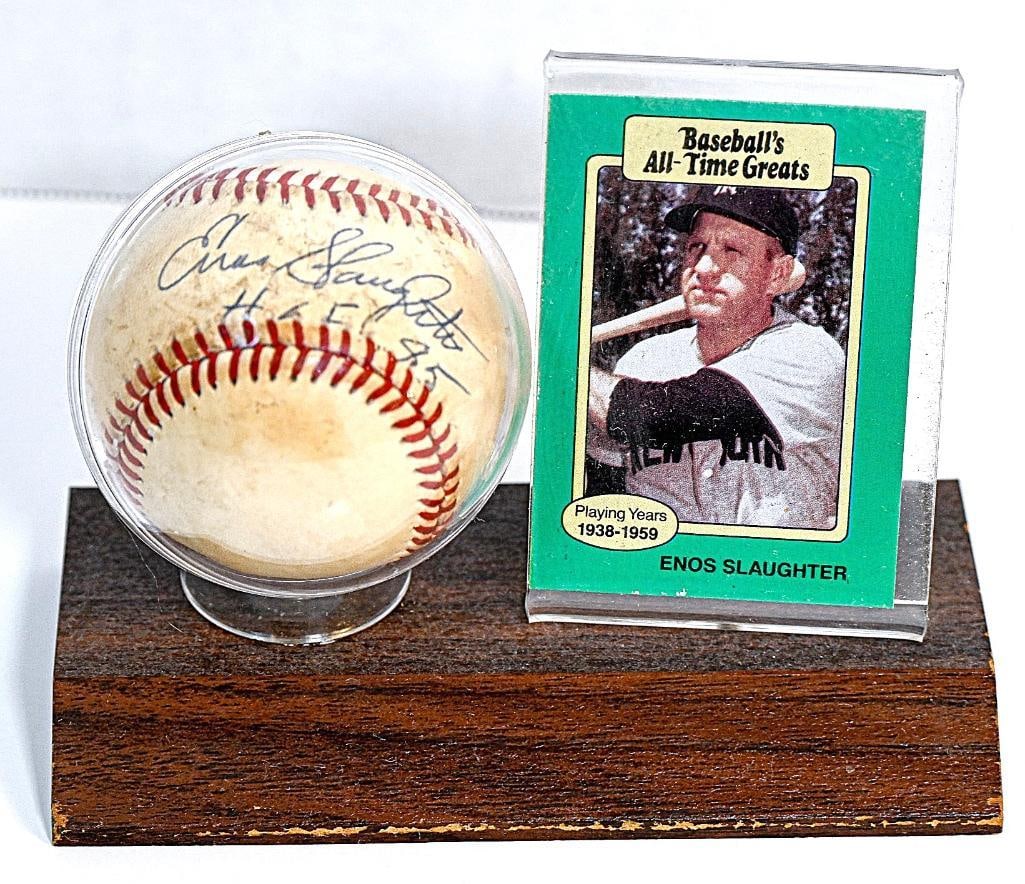 Enos Slaughter New York Yankees Autographed Baseball on Stand with Card - Dark Blue Ink - HOF (1 of 6)