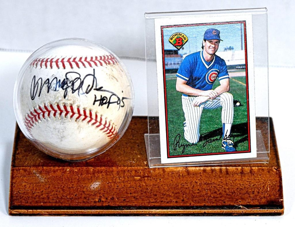 Ryne Sandberg Chicago Cubs HOF 05 Autographed Baseball on Stand with Card - Black Ink - Hall of Fame (1 of 8)