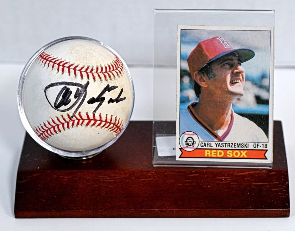 Carl Yastrzemski Boston Red Sox Autographed Baseball on Stand with Card - Black Ink - Hall of Fame (1 of 8)