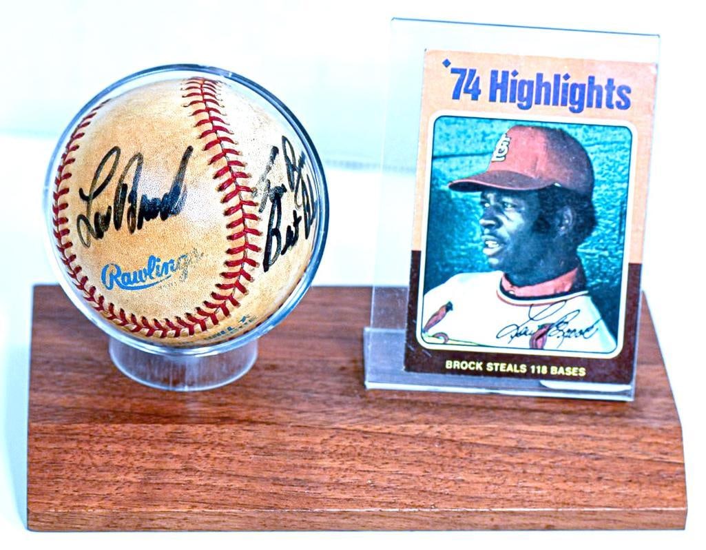 Lou Brock St. Louis Cardinals Autographed Baseball on Stand with Card - Black Ink - Hall of Fame (1 of 11)