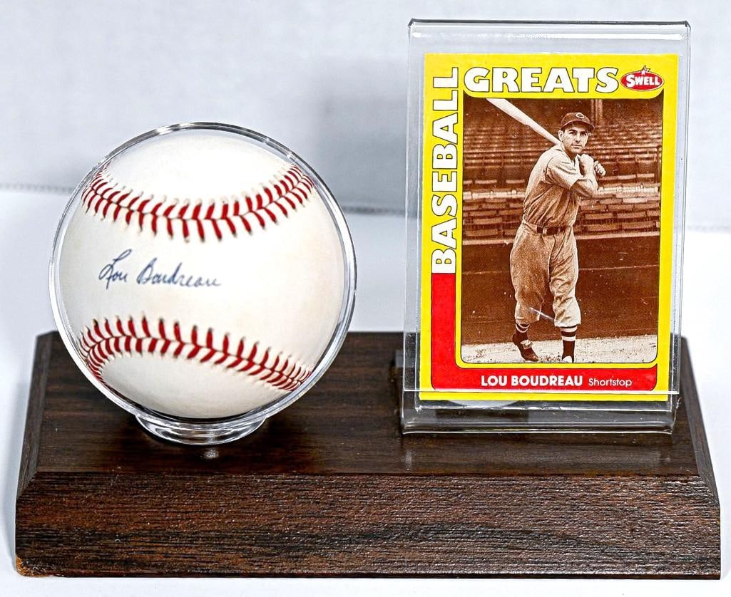 Lou Boudreau Autographed Baseball on Stand with Card - Blue Ink - Hall of Fame (1 of 6)