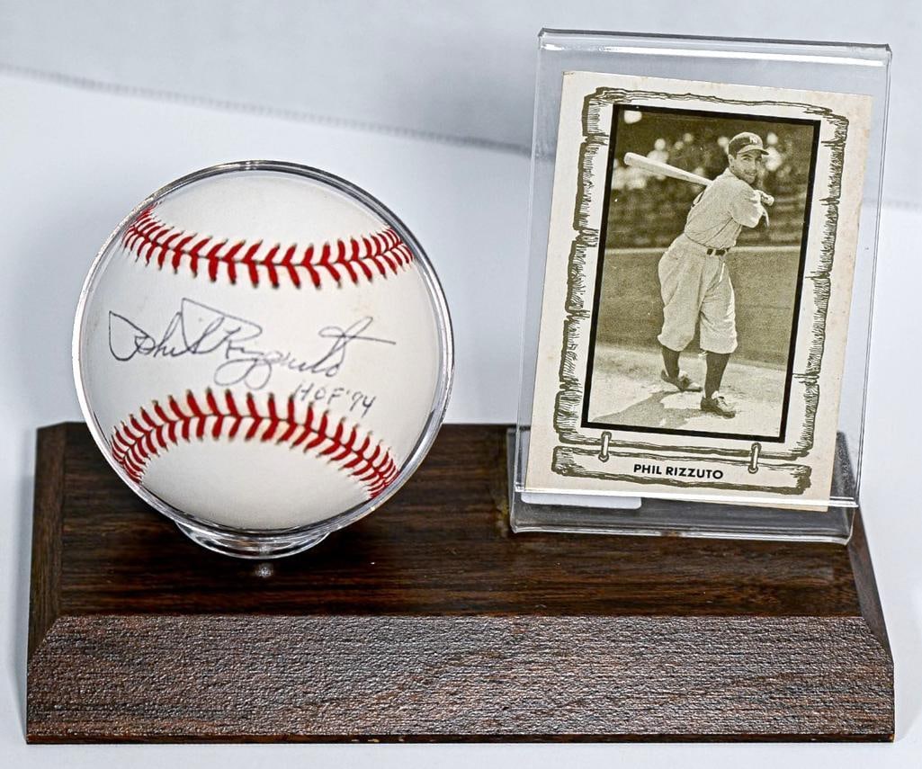 Phil Rizzuto HOF 94 New York Yankees Autographed Baseball on Stand with Card - Black Ink - HOF (1 of 6)