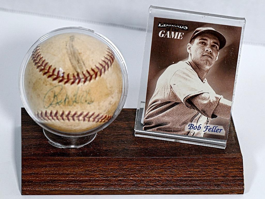 Bob Feller Cleveland Indians Autographed Baseball on Stand with Card - Blue Ink - Hall of Fame (1 of 7)