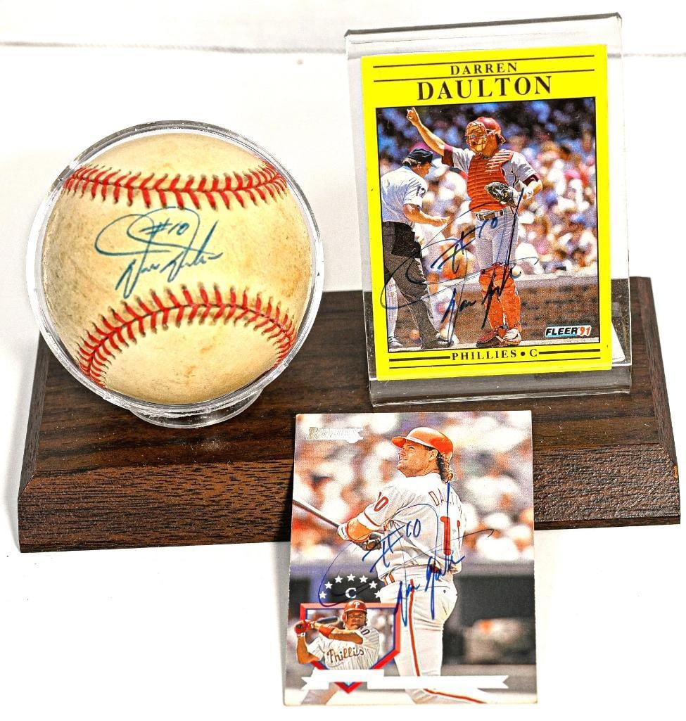 Darren Daulton Philadelphia Phillies Autographed Baseball on Stand with 2 Cards  (one signed card)-  (1 of 7)