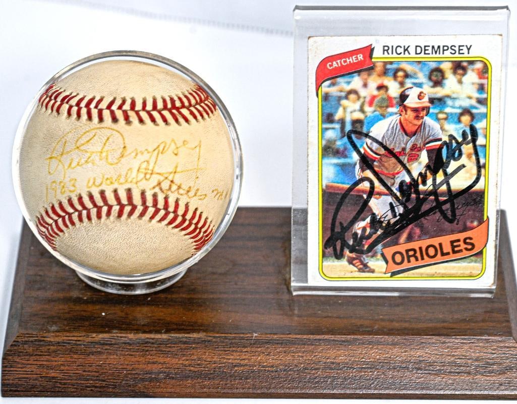 Rick Dempsey Baltimore Orioles Autographed Ball & Card Signed on Stand - Gold/Black (resp.) Ink (1 of 9)