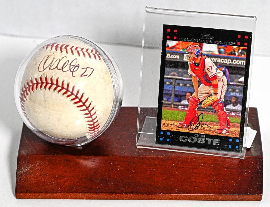 Chris Coste 27 Philadelphia Phillies Autographed Baseball on Stand with Card - Black Ink (1 of 6)