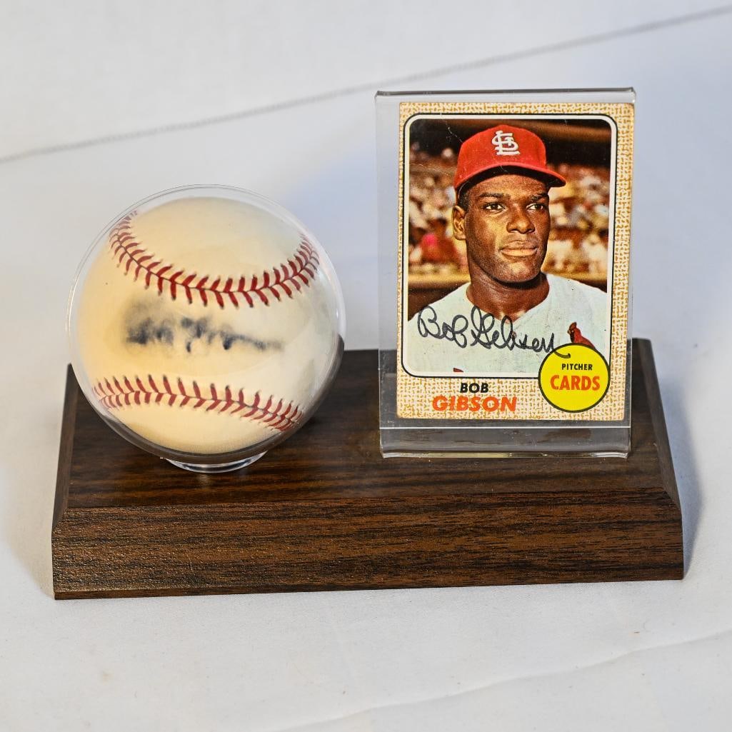 Bob Gibson St. Louis Cardinals Autographed Ball & Card Signed on Stand - Black Ink - Hall of Fame (1 of 7)