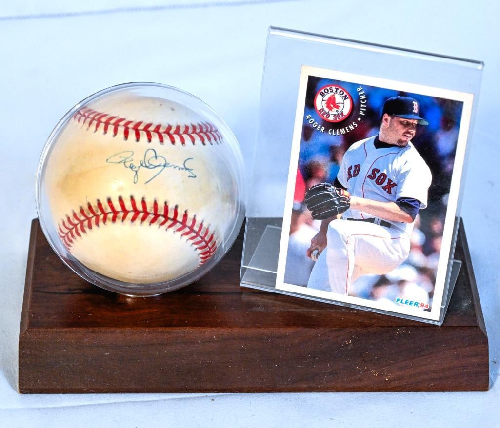 Roger Clemens Boston Red Sox Autographed Baseball on Stand with Card - Blue Ink (1 of 8)