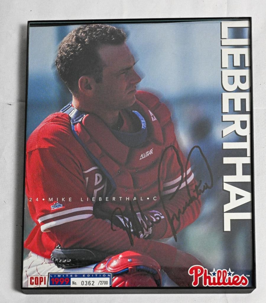 Mike Lieberthal Philadelphia Phillies Autographed Photo Signed Photo 8x10 Framed Limited Edition 036: This rare and highly coveted AUTHENTIC collector’s autographed Photo Signed Photo 8x10 Framed Limited Edition 0362 of 2700 (1999) by Mike Lieberthal from Philadelphia Phillies represents a piece