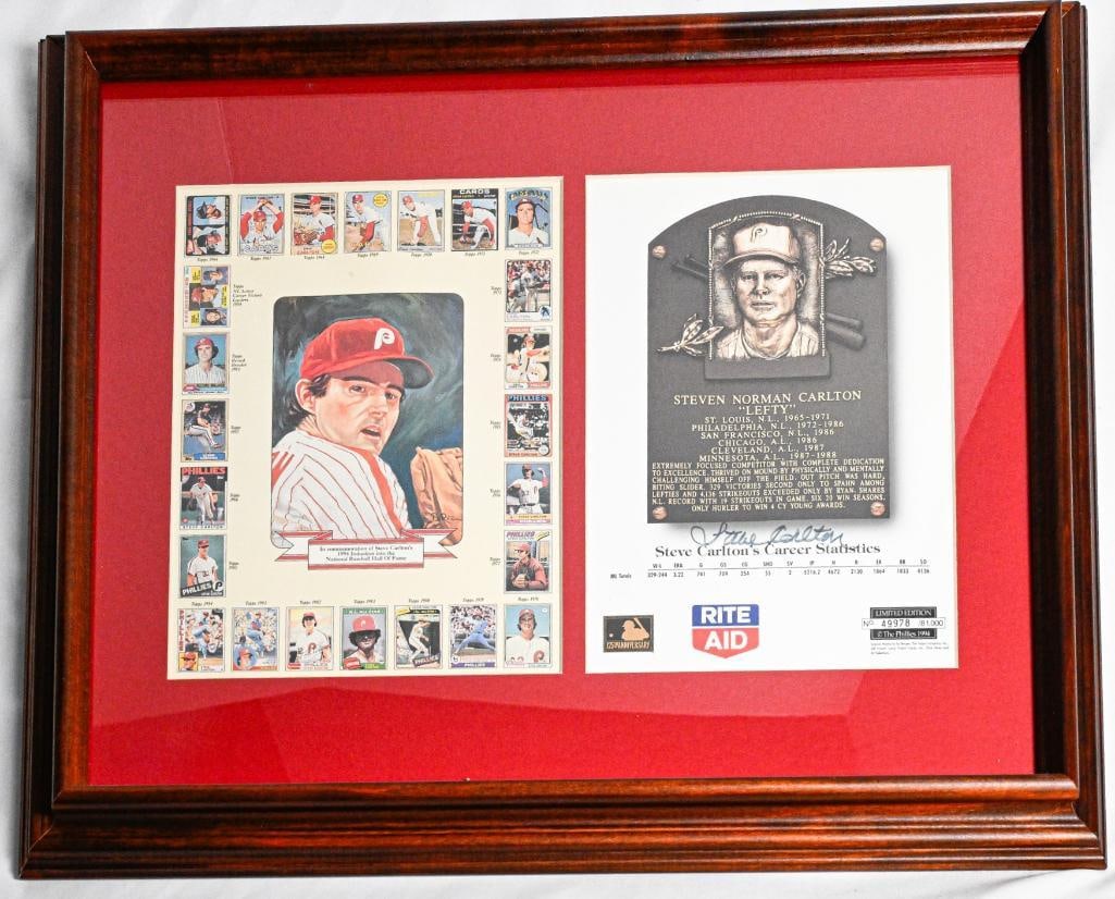 Steve Carlton Philadelphia Phillies Autographed Framed Photos One Photo by Dick Perez and HOF plaque: This rare and highly coveted AUTHENTIC collector’s autographed Framed Photos Two Photos Framed: One Photo by Dick Perez with Trading Cards throughout the years Other is HOF Plaque (each 8x10) Cooper