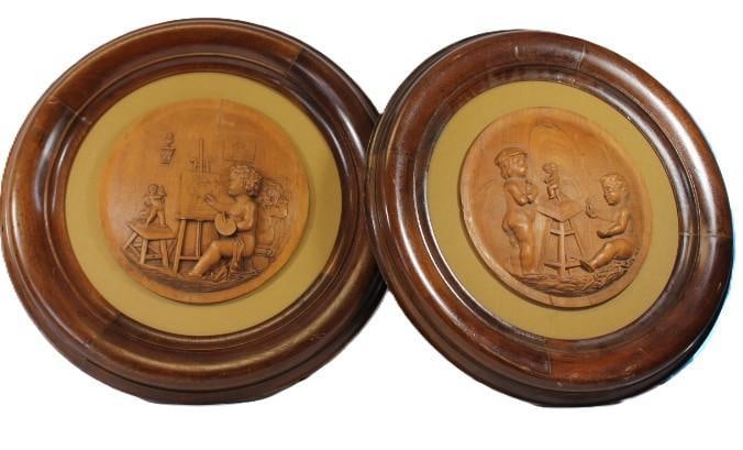 ANTIQUE 20th Century Cherub HUGE Wood carved plaques  Set of 2 (1 of 5)