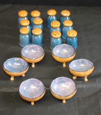 Antique Chinese usterware Salt and Pepper 18 piece rare set: Lot of imported China lusterware 6 salt cellars and 12 pepper shakers