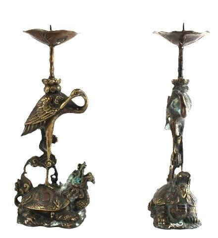 Antique Chinese Bronze Candleholders cranes turle foo dragons (1 of 10)