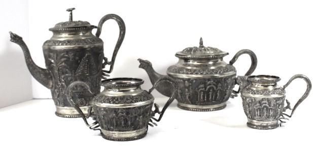 Antique 20th Century Burmese Sterling Silver complete Coffee, Tea and sugar creamer set (1 of 9)