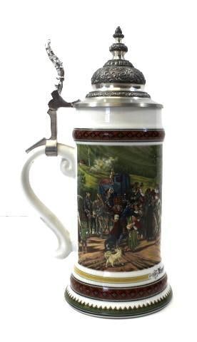 VINTAGE direct from GERMANY Porcelain Beer Stein with Decorative Pewter Top: Highly decorated beer stein from Germany with stamped pewter lid, marked Shrobenhausen" Germany, 10.5" tall