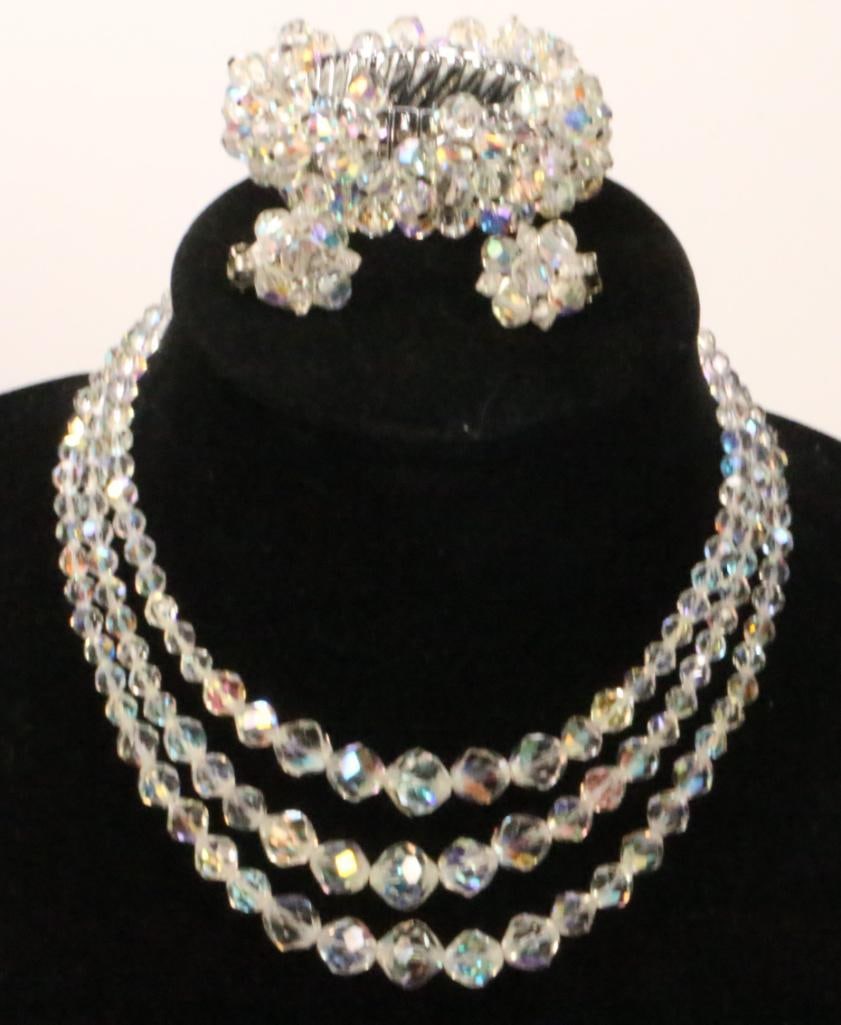 Brilliant AB Rock Candy Crystal  3 strand necklace, bracelet, earrings Parure (1 of 5)