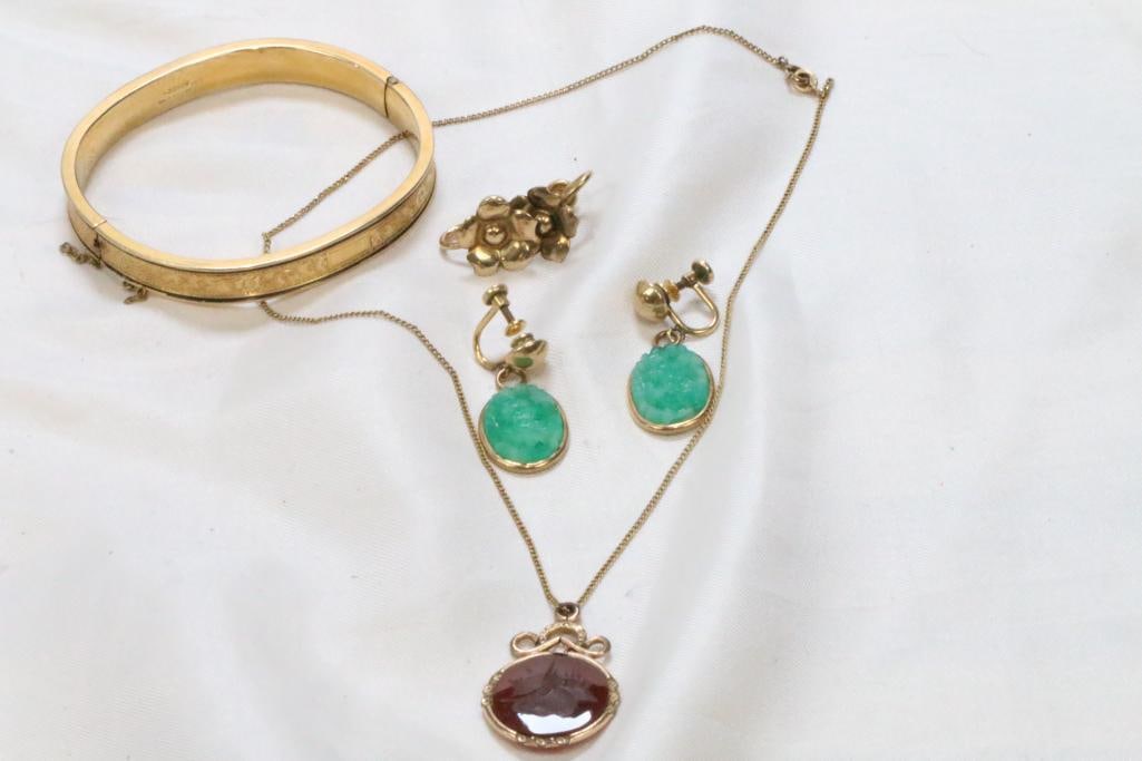 Vintage Gold filled Jade Jewelry lot bracelet, earrings. Necklaces (1 of 7)