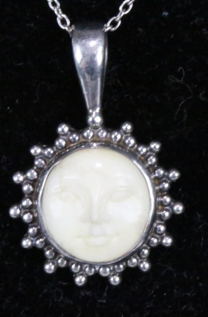Vintage SAJEN cameo Sterling Silver Moonfaced Pendant Necklace 6.3 grams: Stamped SAJEN 925. Pendant is 1.25" l with bale and 3/4" diameter.