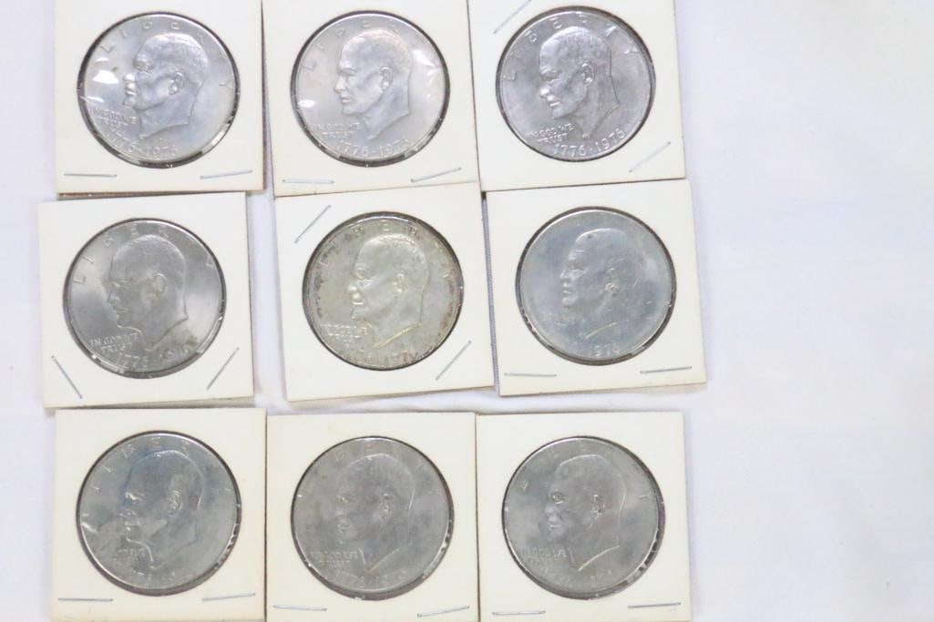 Lot of 9 Eisenhower Dollar Coins 200 year anniversary 1976-1996: Different mints. 6 have no mint marks. 1 is S mint and 2 are D mint. All are VERY FINE in coin sleeves