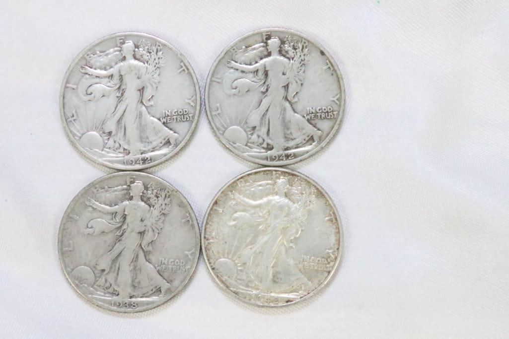 Lot of 4 Walking Liberty Half Dollar coins 1938 and 1942: Lot includes (1) 1938 and (3) 1942. One of the 1942 half dollars is very fine with crisp details on the walking liberty and double eagle.