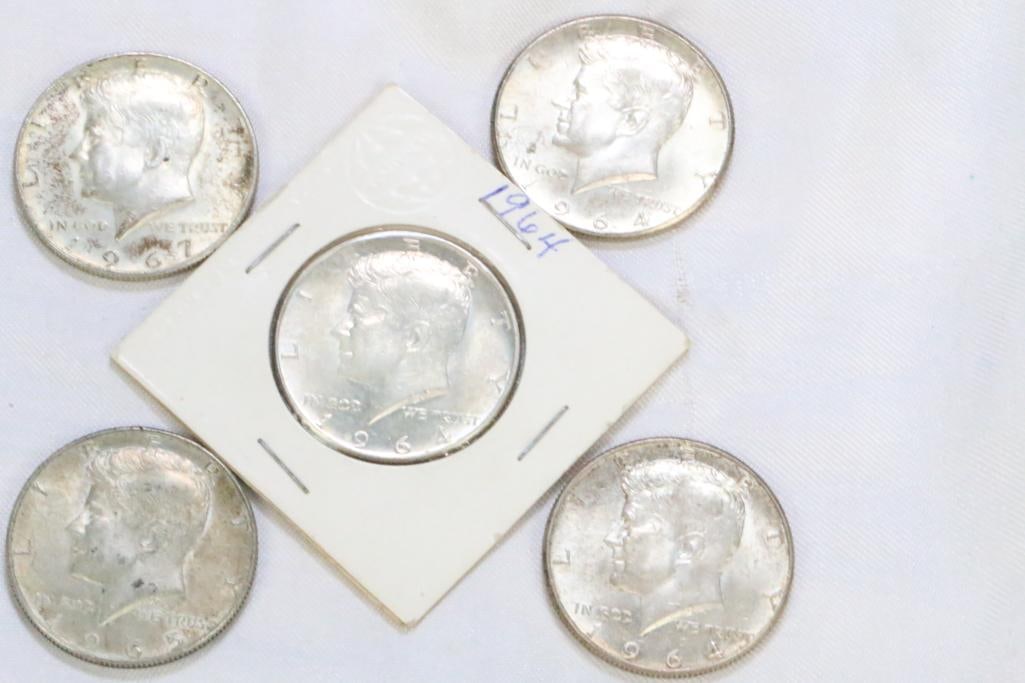 Lot of 5 Kennedy Half Dollar coins 1964-1967: One in sleeve. Dates: (3) 1964, (1) each 1965 and 1967