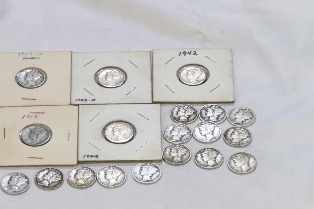 Lot of 19 Mercury Silver dimes 1918 in sleeve, 1920's through 1945. (1 of 20)