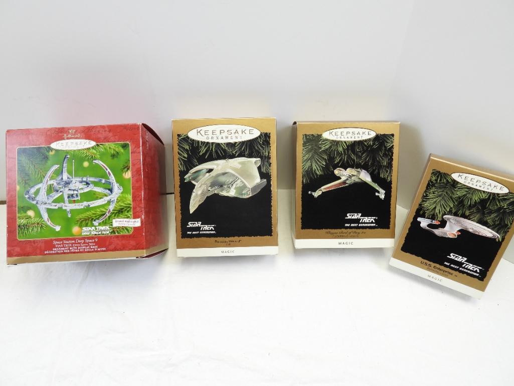 Lot of 5 Hallmark Keepsake x Star Treck Christmas ornaments, USS Enterprise, in boxes, many w/ light: 5 Hallmark Keepsake x Star Treck Christmas ornaments, USS Enterprise, Space Station Deep Space 9, The Ships of Star Treck. Klingon Birds of Prey, & Romulan Warbird, in boxes, many w/ light & sound