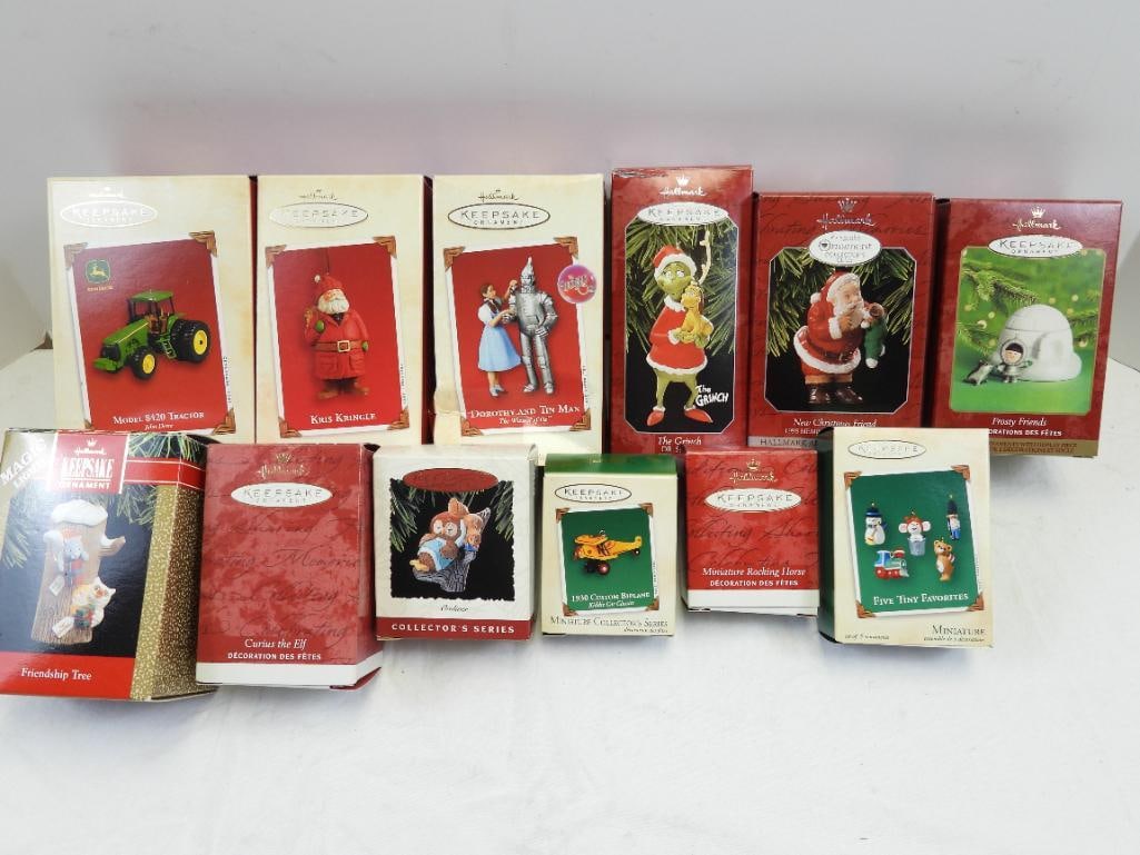 Lot of 12 Hallmark Keepske ornaments, IN BOXES, including The Grinch: 12 Hallmark Keepsake ornaments, IN BOXES, including The Grinch, Friendship Tree, Kris Kringle, & many more. See photos to view all items.