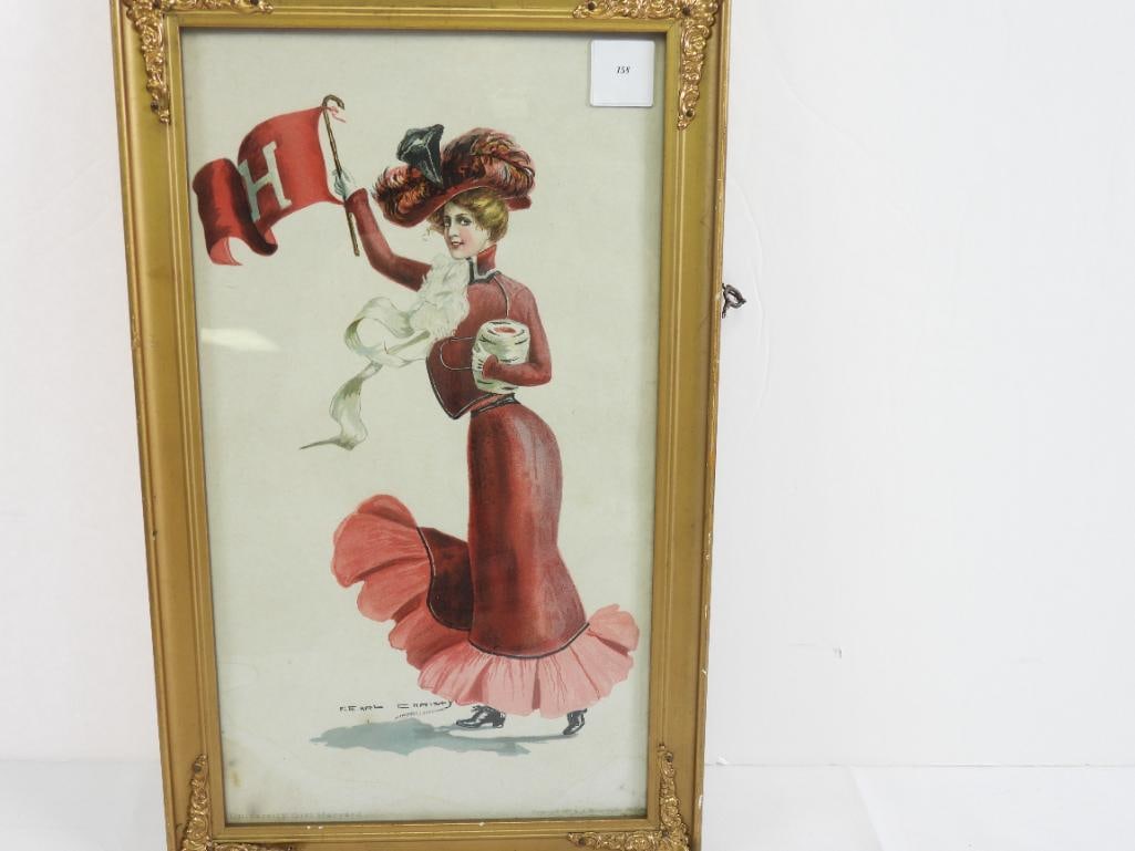 Antique F. Earl Christy signed & framed painting "University Girl" Harvard, circa 1906: Antique F. Earl Christy signed & framed painting "University Girl" Harvard, circa 1906, gold wood frame 15" x 9".