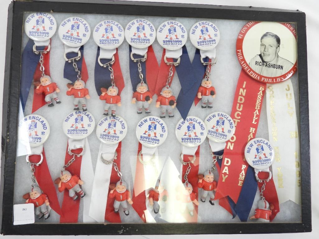 Lot of 14 assorted New England Patriots football player keychains/pins & Philadelphia Phillies Rich: Lot of 14 assorted New England Patriots football player keychains/pins & Philadelphia Phillies Rich Ashburn 7/30/95 Basball Hall of Fame Induction Day pin w/ ribbons in display case 12" x 16". There i